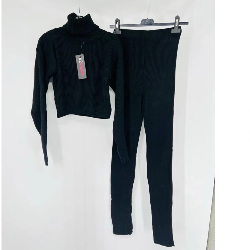 Black Knitted Long Sleeve Turtle Neck Crop Top and Pants Two Piece Set - Picture 14 of 15